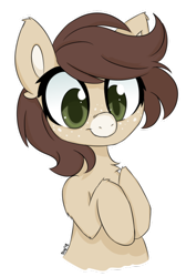 Size: 400x594 | Tagged: safe, artist:sinamuna, deleted from derpibooru, imported from derpibooru, oc, oc only, deer pony, original species, anime eyes, brown hair, bust, colored, deerpony, ear fluff, female, freckles, green eyes, hazel eyes, hooves to the chest, looking down, nose wrinkle, ponysona, shading, short hair, signature, simple background, smiling, solo, transparent background, white outline