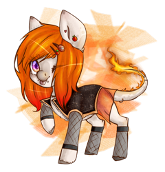 Size: 1100x1144 | Tagged: safe, artist:lastaimin, imported from derpibooru, oc, oc only, earth pony, pony, augmented tail, chibi, clothes, female, fire, fishnets, mare, one eye closed, piercing, simple background, solo, tail piercing, tongue out, transparent background, vest, wink