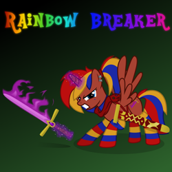 Size: 1080x1080 | Tagged: safe, artist:tacobender, imported from derpibooru, oc, oc only, oc:rainbow breaker, alicorn, pegasus, pony, unicorn, alicorn oc, brown coat, clothes, coat markings, commission, female, fire, flaming sword, green background, mare, piercing, pigtails, princess, purple magic, rainbow, simple background, socks, socks (coat marking), socks (coat markings), solo, sword, vector, weapon