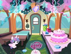 Size: 2048x1536 | Tagged: safe, imported from derpibooru, screencap, princess flurry heart, pony, balloon, female, friendship celebration, friendship express, my little pony logo, party, solo