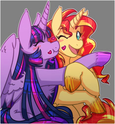 Size: 1134x1218 | Tagged: safe, artist:pastel-pony-pictures, imported from derpibooru, sunset shimmer, twilight sparkle, alicorn, pony, unicorn, blushing, cheek kiss, cute, eyes closed, female, happy, heart, kiss on the cheek, kissing, lesbian, mare, shipping, simple background, sunsetsparkle, twilight sparkle (alicorn)