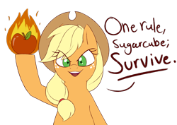 Size: 1979x1403 | Tagged: safe, artist:notenoughapples, imported from derpibooru, applejack, earth pony, pony, apple, appleball, burning, cowboy hat, dialogue, female, fire, food, hat, looking at you, simple background, smiling, solo, some mares just want to watch the world burn, stetson, transparent background