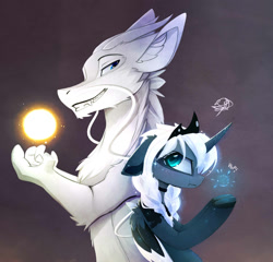 Size: 1493x1432 | Tagged: safe, alternate version, artist:magnaluna, imported from derpibooru, princess luna, oc, oc:zefiroth, alicorn, dragon, pony, cute, duo, female, grumpy, lunabetes, magic, mare, smiling