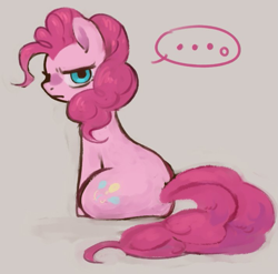 Size: 713x704 | Tagged: safe, artist:kei05, imported from derpibooru, pinkie pie, earth pony, pony, ..., female, looking at you, looking back, looking back at you, mare, simple background, solo, unamused