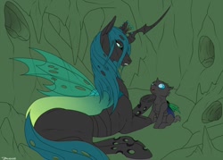 Size: 1280x914 | Tagged: safe, artist:backlash91, imported from derpibooru, queen chrysalis, changeling, changeling queen, nymph, cave, cheer up, child, couple, cuteling, female, hive, looking at each other, mommy chrissy, sitting, underhoof