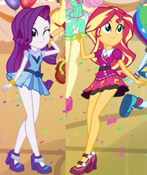 Size: 722x856 | Tagged: safe, artist:charliexe, imported from derpibooru, rarity, sunset shimmer, equestria girls, friendship games, bracelet, clothes, cropped, cute, duo, duo female, female, flirting, high heels, jewelry, legs, miniskirt, one eye closed, schrödinger's pantsu, sexy, shoes, show accurate, skirt, wink