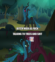 Size: 1920x2160 | Tagged: safe, edit, edited screencap, imported from derpibooru, screencap, fluttershy, queen chrysalis, changeling, changeling queen, the mean 6, everfree forest, female, former queen chrysalis, hair, image macro, implied drug use, laughing, meme, solo, tree, vulgar
