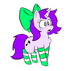 Size: 538x538 | Tagged: safe, artist:doodlegamertj, imported from derpibooru, oc, oc only, oc:mable syrup, pony, unicorn, blind, bow, chest fluff, clothes, simple background, socks, solo, striped socks, white background