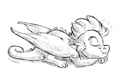 Size: 600x400 | Tagged: safe, artist:shimazun, imported from derpibooru, spike, dragon, eyes closed, grayscale, male, monochrome, prone, simple background, sleeping, solo, white background, winged spike, wings, zzz