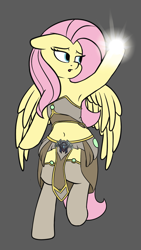Size: 1823x3240 | Tagged: safe, artist:andelai, imported from derpibooru, fluttershy, pegasus, pony, armpits, belly button, clothes, female, mare, midriff, simple background, solo, warcraft, world of warcraft