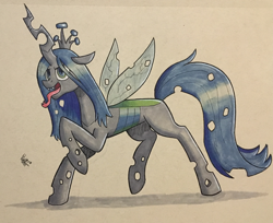 Size: 1024x835 | Tagged: dead source, safe, artist:hypno, imported from derpibooru, queen chrysalis, changeling, changeling queen, female, marker drawing, raised hoof, solo, tongue out, traditional art