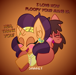 Size: 780x768 | Tagged: safe, artist:snakeythingy, imported from derpibooru, saffron masala, oc, oc:sketchy dupe, blushing, canon x oc, dialogue, gradient background, hug, sketchffron, snuggling, story included