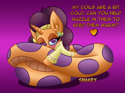 Size: 1040x768 | Tagged: safe, artist:snakeythingy, imported from derpibooru, saffron masala, lamia, original species, snake pony, blushing, dialogue, female, gradient background, heart, hugs needed, lamiafied, looking at you, solo, species swap