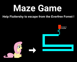 Size: 1270x1028 | Tagged: safe, artist:gratlofatic, imported from derpibooru, fluttershy, pegasus, pony, arrow, black background, female, fs doesn't know what she's getting into, maze, maze game, meme, scary maze game, simple background, solo, text, this will end in tears