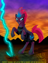 Size: 1024x1325 | Tagged: safe, artist:wolfenm, imported from derpibooru, tempest shadow, pony, unicorn, my little pony: the movie, armor, broken horn, cloud, cloudy, eye scar, female, frown, glowing horn, lightning, magic, mare, open mouth, rearing, scar, solo, sparking horn