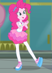 Size: 445x630 | Tagged: safe, imported from derpibooru, screencap, pinkie pie, equestria girls, equestria girls series, super squad goals, clothes, cropped, cute, female, geode of sugar bombs, pantyhose, rah rah skirt, sandals, shoes, skirt, smiling, solo