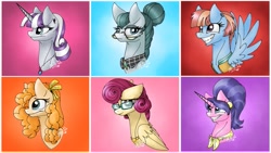 Size: 1267x715 | Tagged: safe, artist:melonseed11, imported from derpibooru, cloudy quartz, cookie crumbles, pear butter, posey shy, twilight velvet, windy whistles, earth pony, pegasus, pony, unicorn, bust, female, floppy ears, folded wings, glasses, horn, mare, mom six, portrait, spread wings, wings, wings down