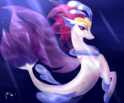 Size: 1200x1000 | Tagged: safe, artist:sn0wy18, imported from derpibooru, queen novo, seapony (g4), my little pony: the movie, bubble, crepuscular rays, crown, digital art, eyelashes, female, fin wings, fins, fish tail, jewelry, lidded eyes, mare, ocean, purple eyes, queen, regalia, signature, smiling, solo, sunlight, underwater, water, wings