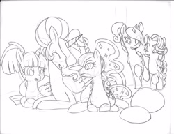 Size: 3302x2541 | Tagged: safe, artist:zeldink144, imported from derpibooru, princess cadance, princess celestia, princess luna, starlight glimmer, twilight sparkle, alicorn, pony, unicorn, alternate hairstyle, monochrome, traditional art, twilight sparkle (alicorn)