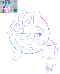 Size: 1054x1300 | Tagged: safe, artist:fuzon-s, imported from derpibooru, starlight glimmer, pony, unicorn, marks for effort, :i, bust, chocolate, empathy cocoa, female, floppy ears, food, glowing horn, gradient lineart, hot chocolate, i mean i see, levitation, magic, marshmallow, portrait, scene interpretation, sketch, solo, telekinesis, unamused, yuji uekawa style