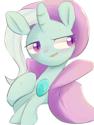 Size: 768x1024 | Tagged: safe, artist:91o42, imported from derpibooru, trixie, pony, unicorn, blushing, bust, cape, clothes, female, hat, looking away, mare, simple background, smiling, solo, sweat, trixie's cape, trixie's hat, white background, wizard hat
