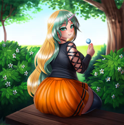 Size: 1200x1213 | Tagged: safe, artist:racoonsan, imported from derpibooru, oc, oc only, oc:astraea, human, beautiful, bench, bush, clothes, cute, female, horned humanization, humanized, large butt, looking at you, looking back, looking back at you, moe, skirt, socks, solo, thigh highs, thighs, tree, zettai ryouiki