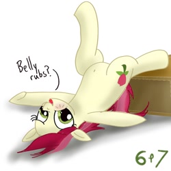 Size: 800x800 | Tagged: safe, artist:sixes&sevens, derpibooru exclusive, imported from derpibooru, roseluck, earth pony, pony, belly button, bellyrubs, box, female, on back, silly, silly pony, solo