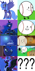 Size: 3000x6000 | Tagged: safe, artist:ilovethetalkingclock, edit, edited screencap, imported from derpibooru, screencap, nightmare moon, princess luna, friendship is magic, luna eclipsed, princess twilight sparkle (episode), spoiler:inanimate insanity, baseball (inanimate insanity), comparison, fridge horror, glare, inanimate insanity, lunaball, op has a point, s1 luna, spoilers for another series, suitcase (inanimate insanity)