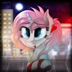 Size: 2400x2400 | Tagged: safe, artist:thefunnysmile, imported from derpibooru, oc, oc only, oc:doctor heart, pony, blurry, bust, chest fluff, city, clothes, doctor, fluffy, heart, hospital, lens flare, medic, night, portrait, socks, solo, striped socks, tongue out