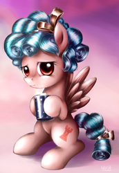 Size: 900x1306 | Tagged: safe, artist:nika191319, imported from derpibooru, cozy glow, pegasus, pony, marks for effort, cozybetes, cute, cutie mark, drink, empathy cocoa, eyelashes, female, filly, food, mane, mare, marshmallow, not evil, sitting, solo, wings