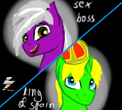 Size: 2000x1800 | Tagged: safe, artist:5oussn, artist:endelthepegasus, imported from derpibooru, oc, oc:hiper wight, oc:serg justy, unicorn, black background, crown, jewelry, male, regalia, simple background