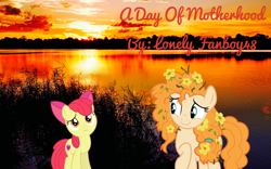 Size: 3200x2000 | Tagged: safe, artist:huntercwalls, imported from derpibooru, apple bloom, pear butter, the perfect pear, cloud, cloudy, family, fanfic, fanfic art, fanfic cover, female, fimfiction, food, heartwarming, lake, love, mother and daughter, orange, sunset