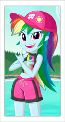 Size: 512x964 | Tagged: safe, artist:charliexe, edit, edited edit, imported from derpibooru, rainbow dash, equestria girls, equestria girls series, forgotten friendship, belly button, board shorts, clothes, female, geode of super speed, hat, jewelry, looking at you, magical geodes, multicolored hair, necklace, shorts, solo, swimsuit