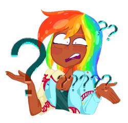 Size: 500x479 | Tagged: safe, artist:drawbauchery, artist:g-a-y-g-o-y-l-e, color edit, edit, imported from derpibooru, rainbow dash, human, colored, dark skin, female, humanized, multicolored hair, question mark, simple background, solo, transparent background