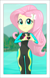 Size: 625x960 | Tagged: safe, artist:charliexe, edit, edited edit, imported from derpibooru, fluttershy, equestria girls, equestria girls series, forgotten friendship, adorasexy, cute, female, fluttershy's wetsuit, heart hands, looking at you, sexy, show accurate, shyabetes, solo, wetsuit