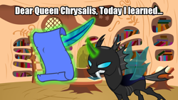 Size: 1920x1080 | Tagged: safe, edit, edited screencap, imported from derpibooru, screencap, changeling, alternate universe, dialogue, golden oaks library, image macro, implied chrysalis, letter, meme, quill, solo, writing