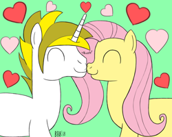 Size: 1000x800 | Tagged: safe, artist:bigbullybiggs, artist:pacificside18, imported from derpibooru, fluttershy, oc, oc:white heart, pegasus, pony, unicorn, boop, canon x oc, female, green background, heart, male, mutual booping, noseboop, shipping, simple background, straight