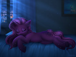 Size: 1200x900 | Tagged: safe, artist:scheadar, imported from derpibooru, oc, oc only, pony, unicorn, bed, commission, female, mare, night, sleeping, solo, window, ych result