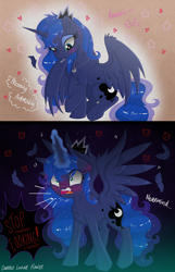 Size: 2250x3500 | Tagged: safe, artist:darkest-lunar-flower, imported from derpibooru, princess luna, alicorn, pony, angry, blushing, chest fluff, cute, feather, female, magic, mare, preening, spread wings, telekinesis, wings, yelling