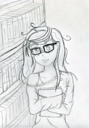 Size: 1909x2754 | Tagged: safe, artist:applety, imported from derpibooru, moondancer, human, fanfic:shadows cast over the sunset, equestria girls, book, bookshelf, clothes, exposed shoulders, female, freckles, glasses, oversized clothes, oversized shirt, shirt, solo, traditional art