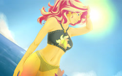 Size: 3840x2400 | Tagged: safe, artist:lilapudelpony, imported from derpibooru, sunset shimmer, equestria girls, equestria girls series, forgotten friendship, beach, belly button, bikini, clothes, female, sarong, solo, sun, swimsuit, water