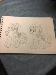 Size: 1024x1365 | Tagged: safe, artist:venomroblox, imported from derpibooru, starlight glimmer, twilight sparkle, twilight sparkle (alicorn), alicorn, female, lesbian, lineart, looking at each other, shipping, traditional art, twistarlight