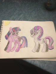 Size: 1024x1365 | Tagged: safe, alternate version, artist:venomroblox, imported from derpibooru, starlight glimmer, twilight sparkle, twilight sparkle (alicorn), alicorn, female, lesbian, looking at each other, shipping, traditional art, twistarlight