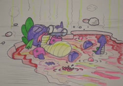 Size: 1204x844 | Tagged: safe, artist:hillbe, imported from derpibooru, spike, dragon, baby, baby dragon, drink, drinking, eyes closed, lava, lava pool, male, open mouth, solo, tongue out, traditional art, water wings