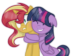 Size: 1100x850 | Tagged: safe, artist:lui-akita, imported from derpibooru, sunset shimmer, twilight sparkle, alicorn, pony, unicorn, base used, cute, duo, eyes closed, female, floppy ears, hug, lesbian, lip bite, mare, shimmerbetes, shipping, simple background, smiling, sunsetsparkle, surprised, transparent background, twiabetes, twilight sparkle (alicorn)