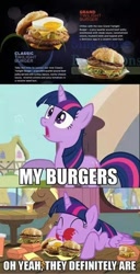 Size: 480x936 | Tagged: safe, edit, edited screencap, imported from derpibooru, screencap, twilight sparkle, alicorn, twilight time, burger, food, hamburger, image macro, meme, ponies eating meat, singapore, twilight burgkle, twilight sparkle (alicorn)