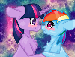 Size: 816x618 | Tagged: safe, artist:lightingpony0101, imported from derpibooru, rainbow dash, twilight sparkle, pegasus, pony, blushing, boop, chest fluff, female, heart eyes, lesbian, noseboop, shipping, twidash, wingding eyes