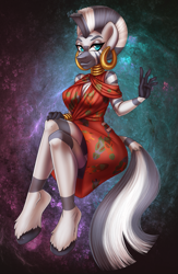 Size: 825x1262 | Tagged: safe, artist:bumblebun, imported from derpibooru, zecora, anthro, unguligrade anthro, zebra, clothes, commission, crossed legs, digital art, dress, ear piercing, earring, female, jewelry, looking at you, piercing, solo, ych result