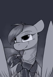 Size: 700x1000 | Tagged: safe, artist:sinrar, imported from derpibooru, oc, oc only, pegasus, pony, fallout equestria, armor, bust, folded wings, monochrome, portrait, solo, tattoo