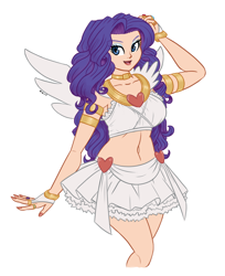 Size: 1634x2000 | Tagged: safe, artist:king-kakapo, imported from derpibooru, rarity, human, series:nightmare war, anarchy panty, angel, angelic wings, belly button, breasts, clothes, commission, cosplay, costume, female, humanized, looking at you, midriff, panty and stocking with garterbelt, simple background, skirt, smiling, solo, white background, wings